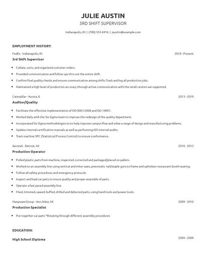 3rd Shift Supervisor Resume