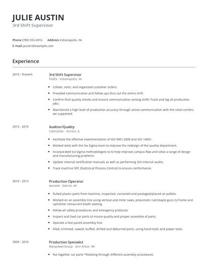 3rd Shift Supervisor Resume