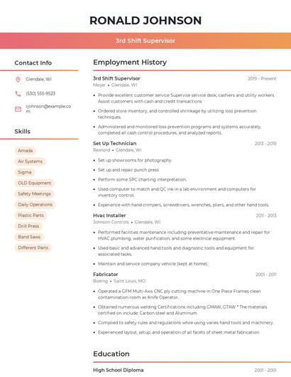 3rd Shift Supervisor Resume