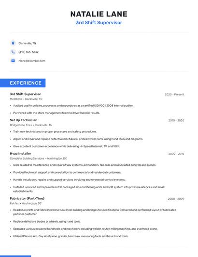 3rd Shift Supervisor Resume