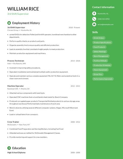 3rd Shift Supervisor Resume