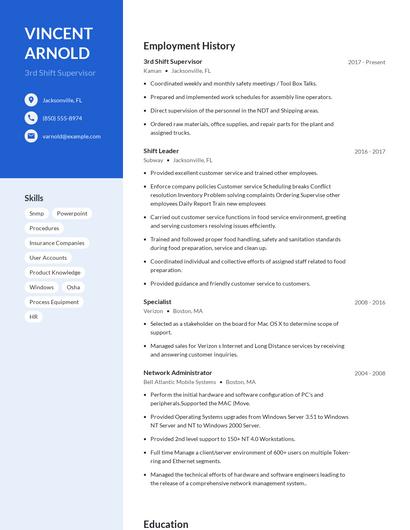 3rd Shift Supervisor Resume
