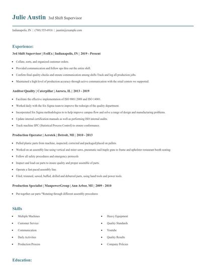 3rd Shift Supervisor Resume