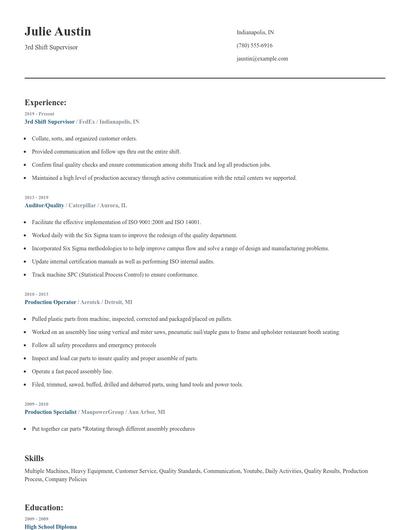 3rd Shift Supervisor Resume