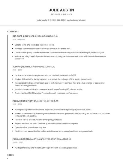 3rd Shift Supervisor Resume