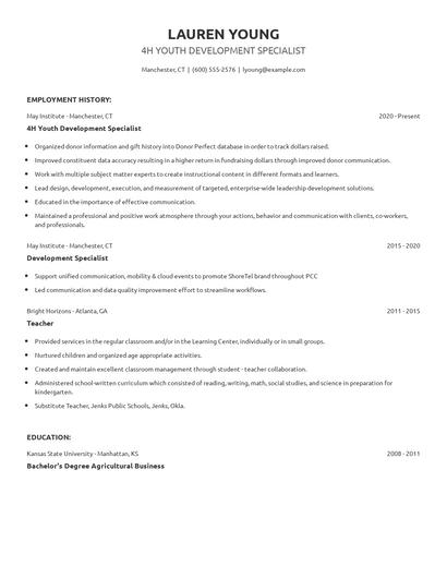 4H Youth Development Specialist Resume
