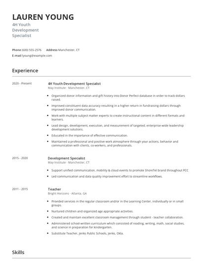4H Youth Development Specialist Resume