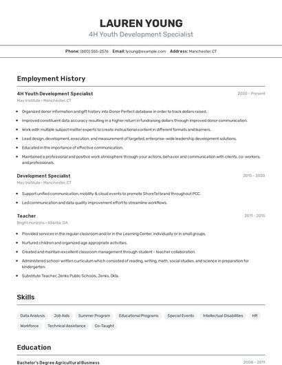 4H Youth Development Specialist Resume