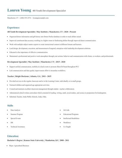 4H Youth Development Specialist Resume
