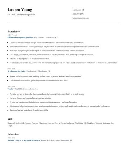 4H Youth Development Specialist Resume