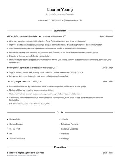 4H Youth Development Specialist Resume