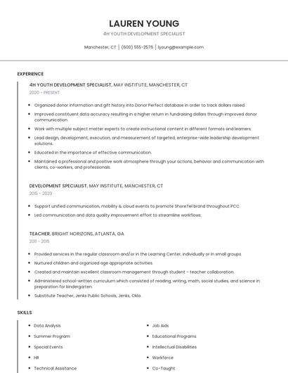 4H Youth Development Specialist Resume