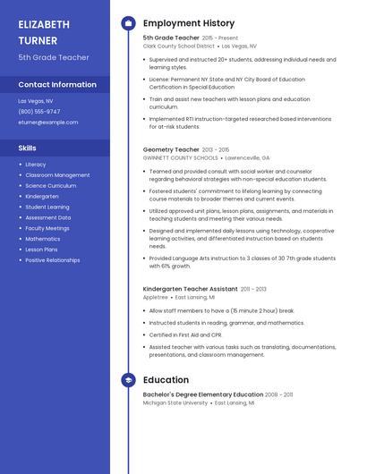 5th Grade Teacher Resume