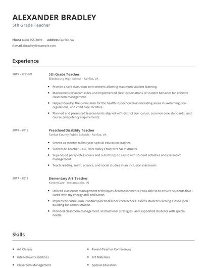 5th Grade Teacher Resume