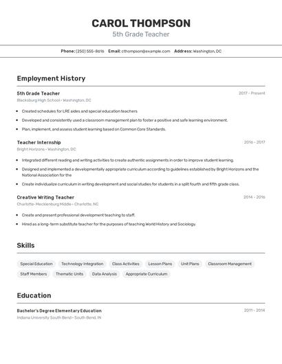 5th Grade Teacher Resume