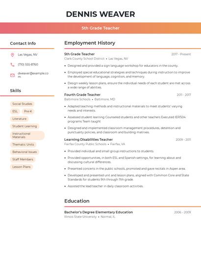 5th Grade Teacher Resume
