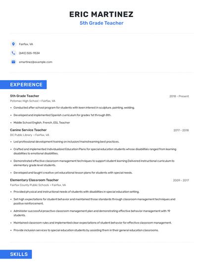 5th Grade Teacher Resume