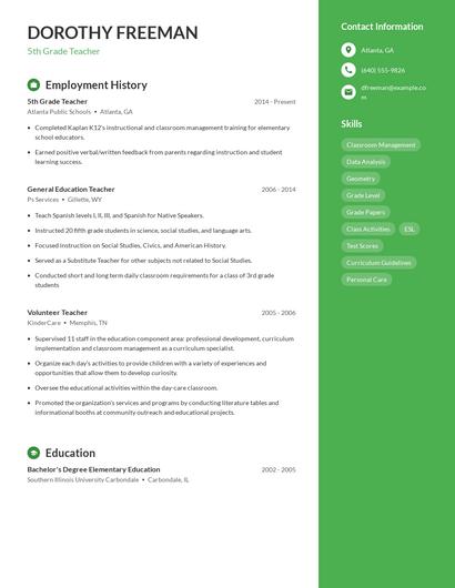5th Grade Teacher Resume