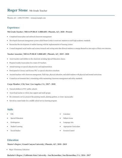 5th Grade Teacher Resume