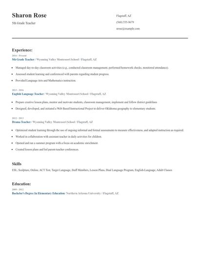 5th Grade Teacher Resume