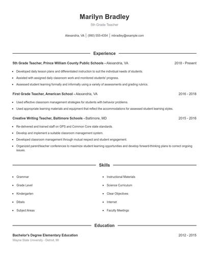 5th Grade Teacher Resume