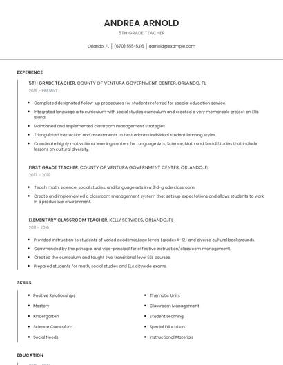 5th Grade Teacher Resume
