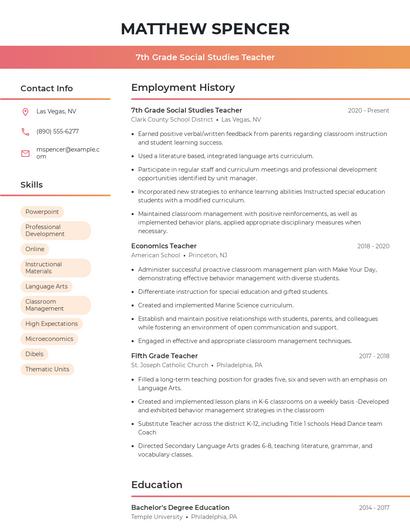 7th Grade Social Studies Teacher Resume