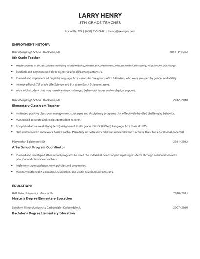 8th Grade Teacher Resume