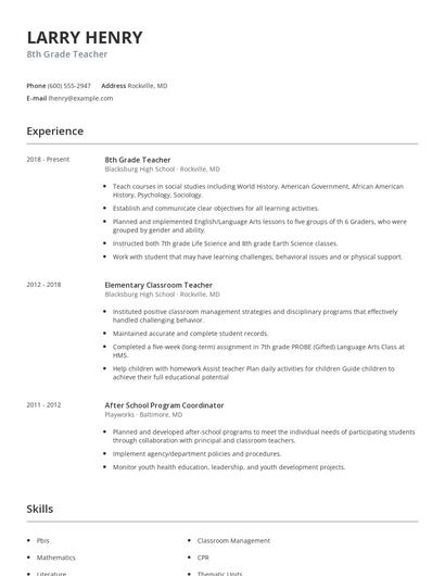 8th Grade Teacher Resume