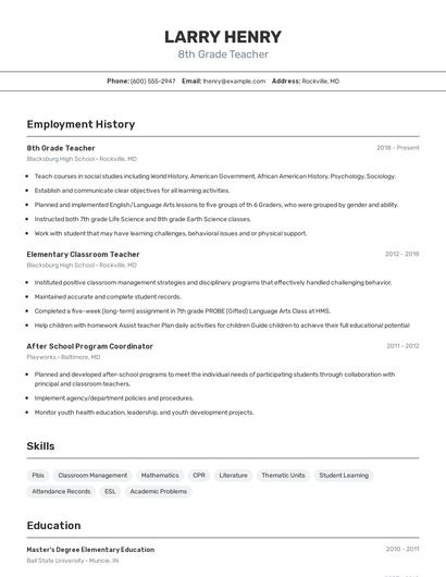 8th Grade Teacher Resume