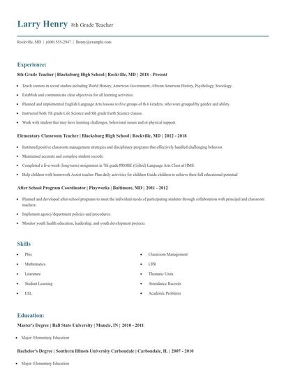 8th Grade Teacher Resume