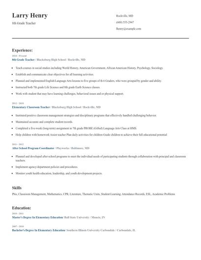 8th Grade Teacher Resume