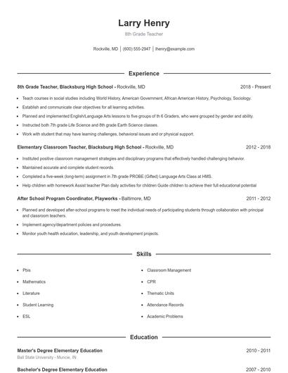 8th Grade Teacher Resume