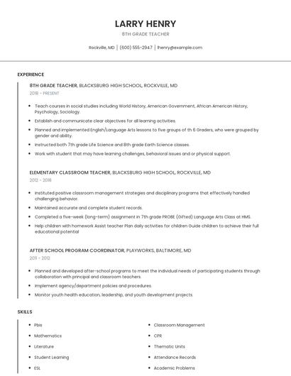 8th Grade Teacher Resume
