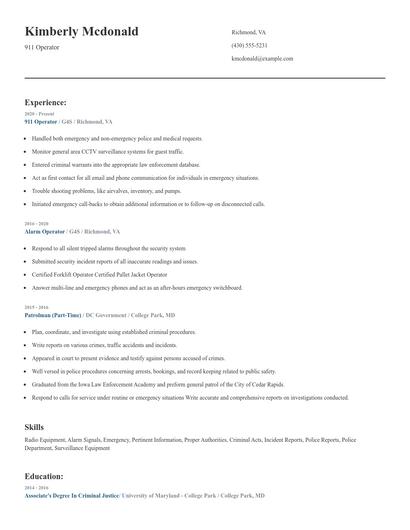 911 Operator Resume