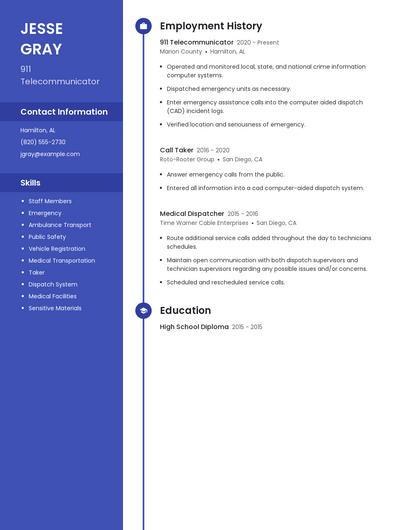 911 Telecommunicator Resume