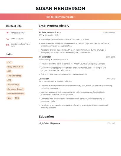 911 Telecommunicator Resume