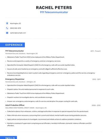 911 Telecommunicator Resume