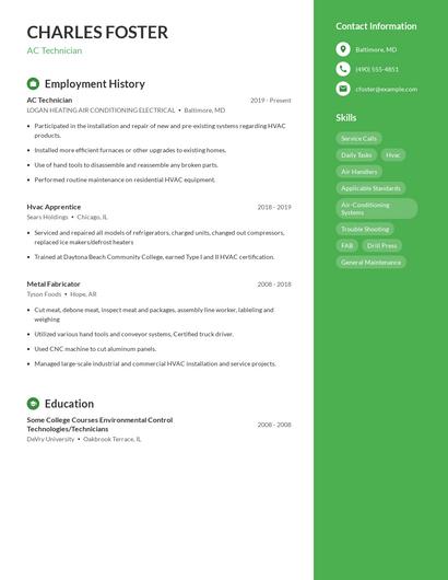AC Technician Resume