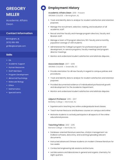 Academic Affairs Dean Resume