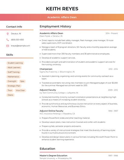 Academic Affairs Dean Resume