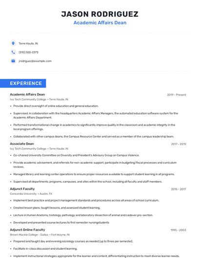 Academic Affairs Dean Resume