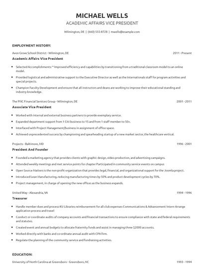 Academic Affairs Vice President Resume
