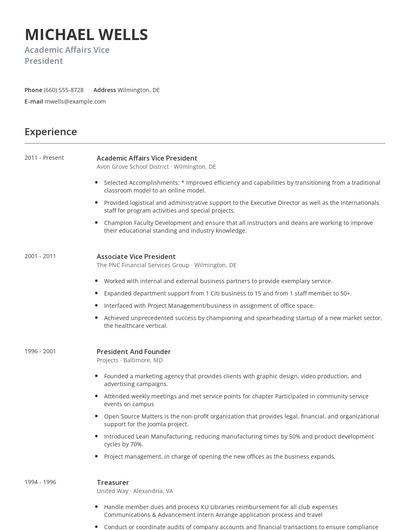 Academic Affairs Vice President Resume