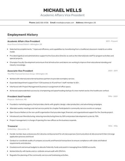 Academic Affairs Vice President Resume