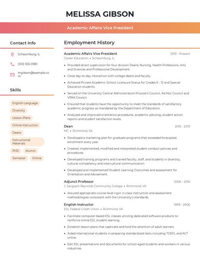Academic Affairs Vice President Resume
