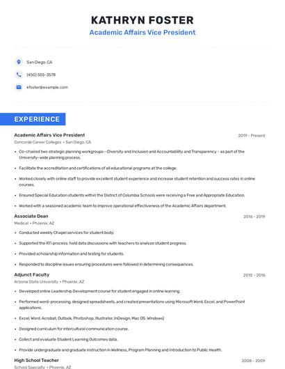 Academic Affairs Vice President Resume