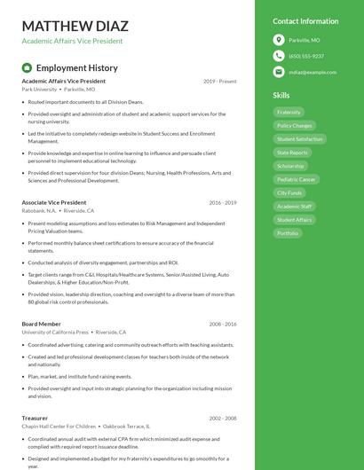 Academic Affairs Vice President Resume