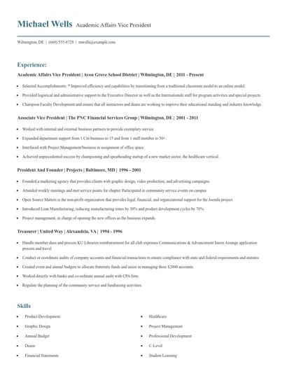 Academic Affairs Vice President Resume
