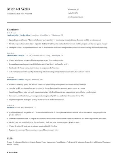 Academic Affairs Vice President Resume